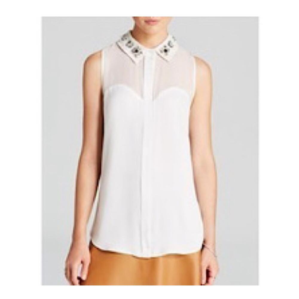 Milly Jane Silk Crepe Sleeveless Blouse cream embellished collar sz 2